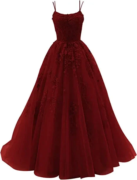 Spaghetti Strap Prom Dress Lace Appliques Wedding Tulle Long Dress Princess Formal Evening Gowns Y1202