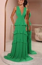 Emerald Green Deep V Neck Layered Ruffles Evening Dress Backless Long Prom Dress Y8386