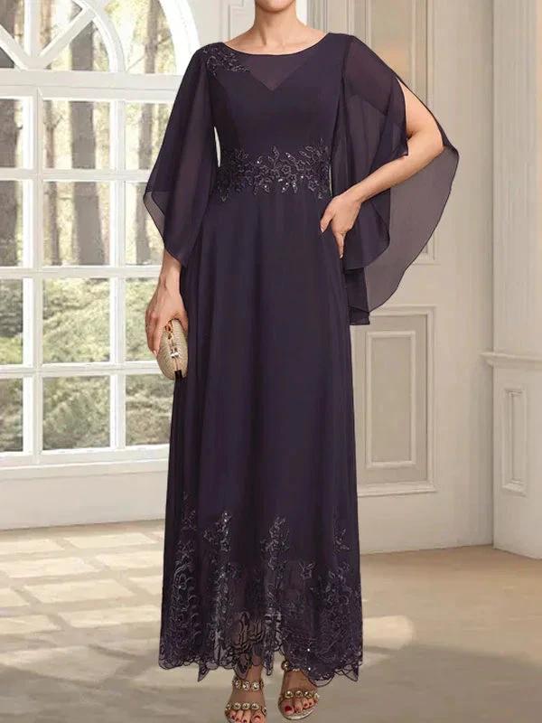 A-line Scoop Illusion Ankle-Length Lace Chiffon Mother of the Bride Dress With Sequins