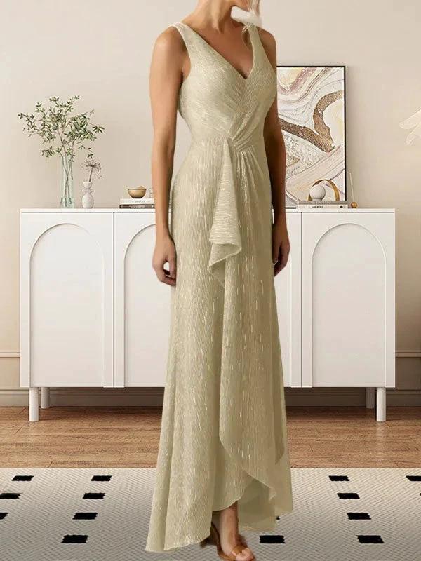 A-Line V-Neck Ruched Metallic Mesh Dress