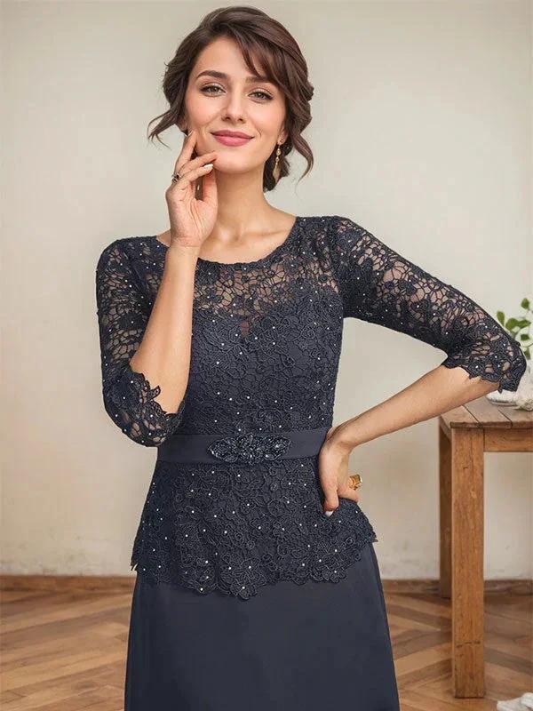 A-line Scoop Illusion Ankle-Length Chiffon Lace Mother of the Bride Dress With Rhinestone Beading