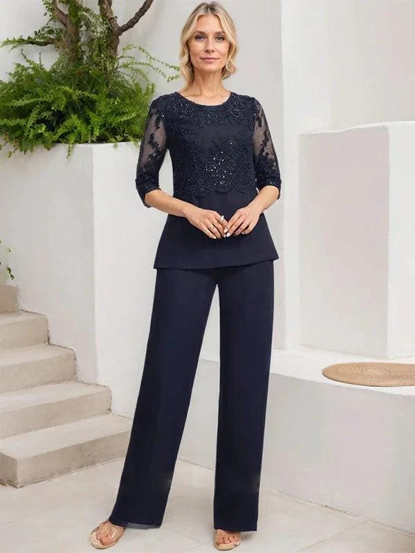 Jumpsuit/Pantsuit Separates Scoop Floor-Length Chiffon Lace Mother of the Bride Dress With Sequins