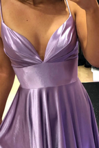 Purple V-Neck Satin Long Prom Dress Simple A-Line Evening Dress Y927