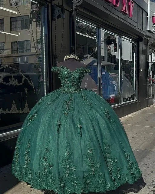 Dark Green Princess Ball Gown Quinceanera Dresses Sweet 15 Party 3D Flowers Lace Applique Birthday Gown Y4254