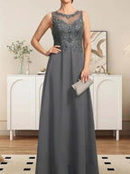 A-line Scoop Illusion Floor-Length Lace Chiffon Mother of the Bride Dress With Sequins