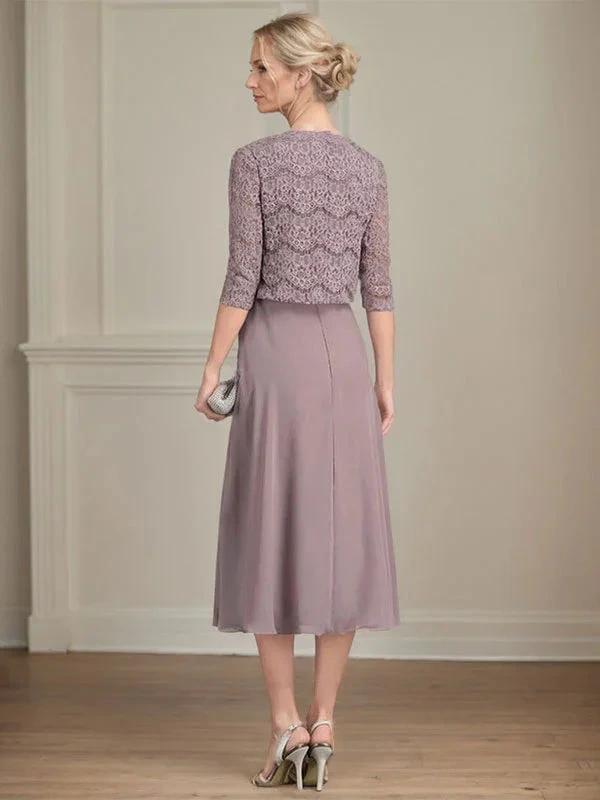 A-line Scoop Tea-Length Chiffon Mother of the Bride Dress With Pleated