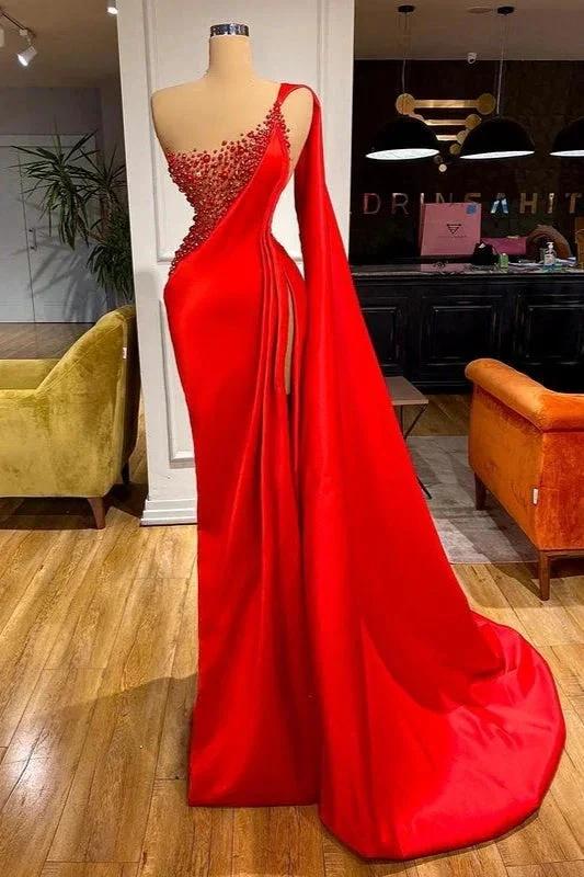 High Slit One Shoulder Scarlet Siren Mermaid Prom Dress with Beads