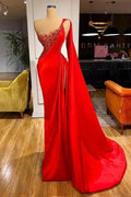 High Slit One Shoulder Scarlet Siren Mermaid Prom Dress with Beads