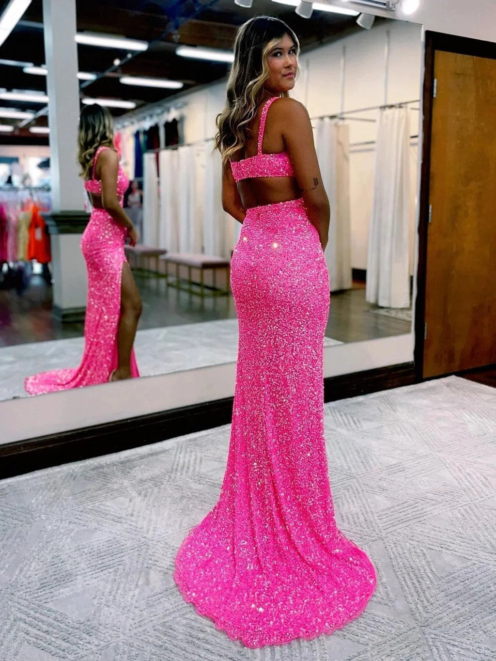 Salma |Mermaid V Neck Sequins Prom Dress with Slit