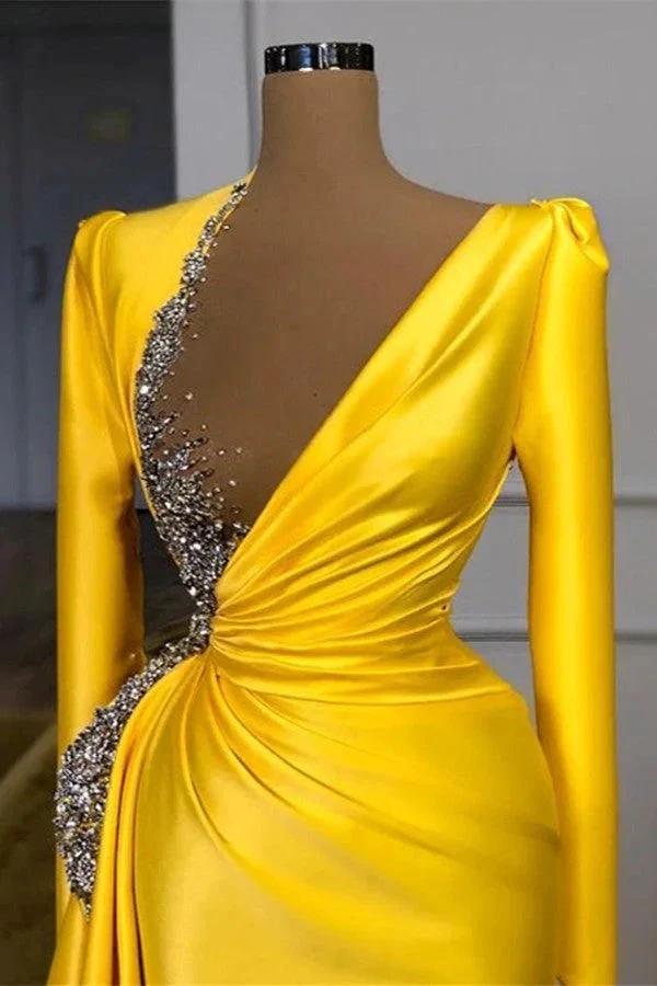 Yellow Long Sleeves Mermaid V-neck Satin Prom Dress with Beads
