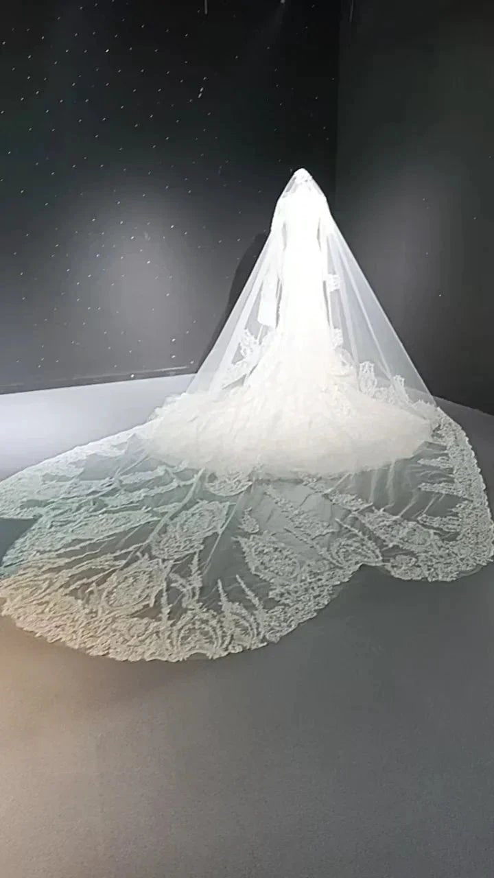 V-neck long sleeved luxurious nail bead trailing bridal veil