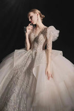 Glamorous V-Neck Ball Gown Long Lace Sleeve Beaded Embroidery Wedding Dress with Ruffled Train E315
