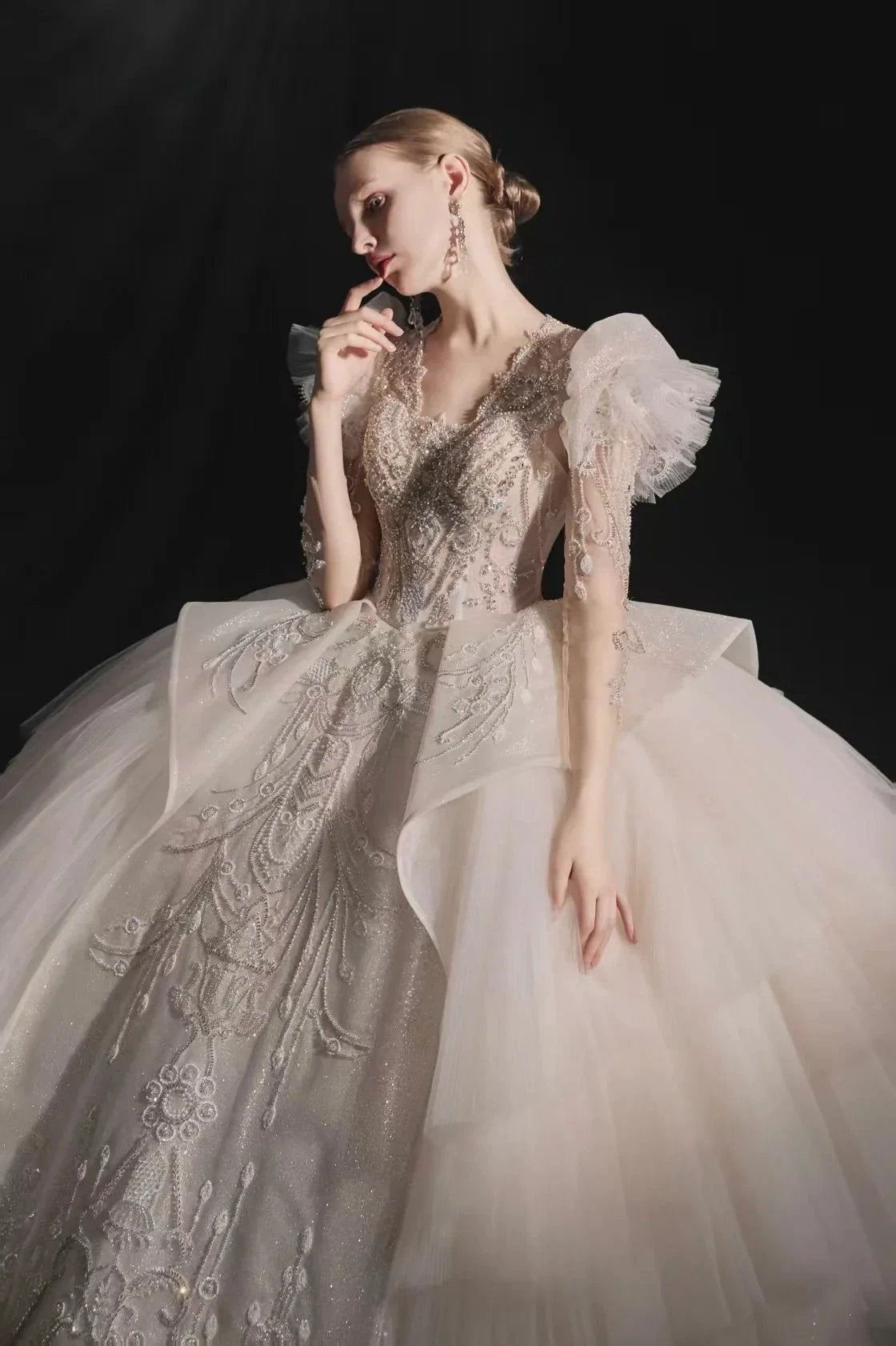 Glamorous V-Neck Ball Gown Long Lace Sleeve Beaded Embroidery Wedding Dress with Ruffled Train E315