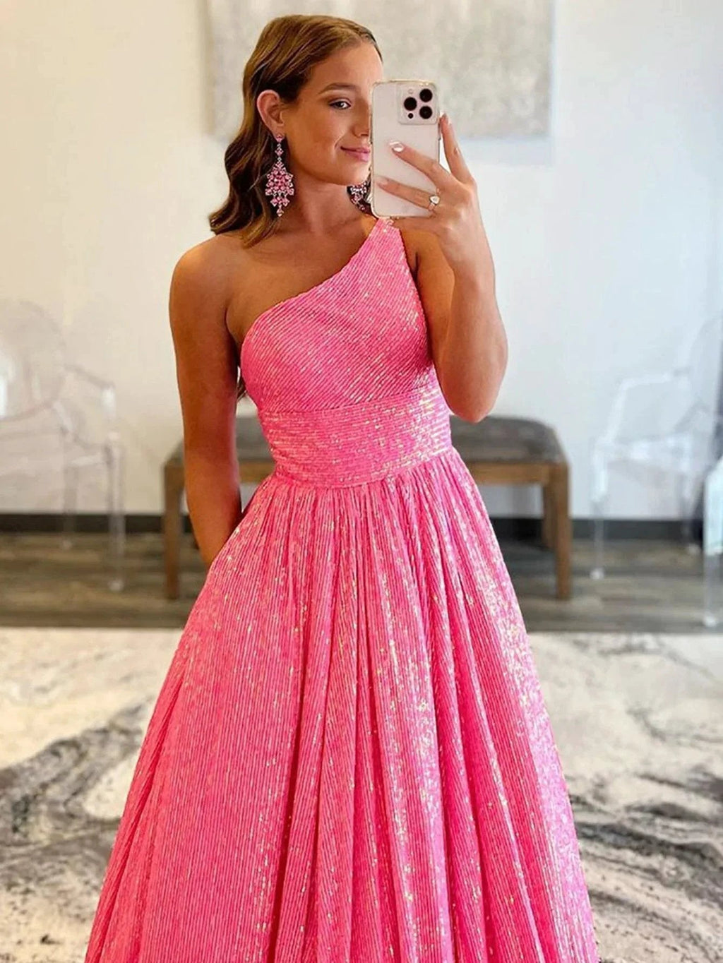 Charlee |A-Line One Shoulder Sequins Prom Dress with Pockets