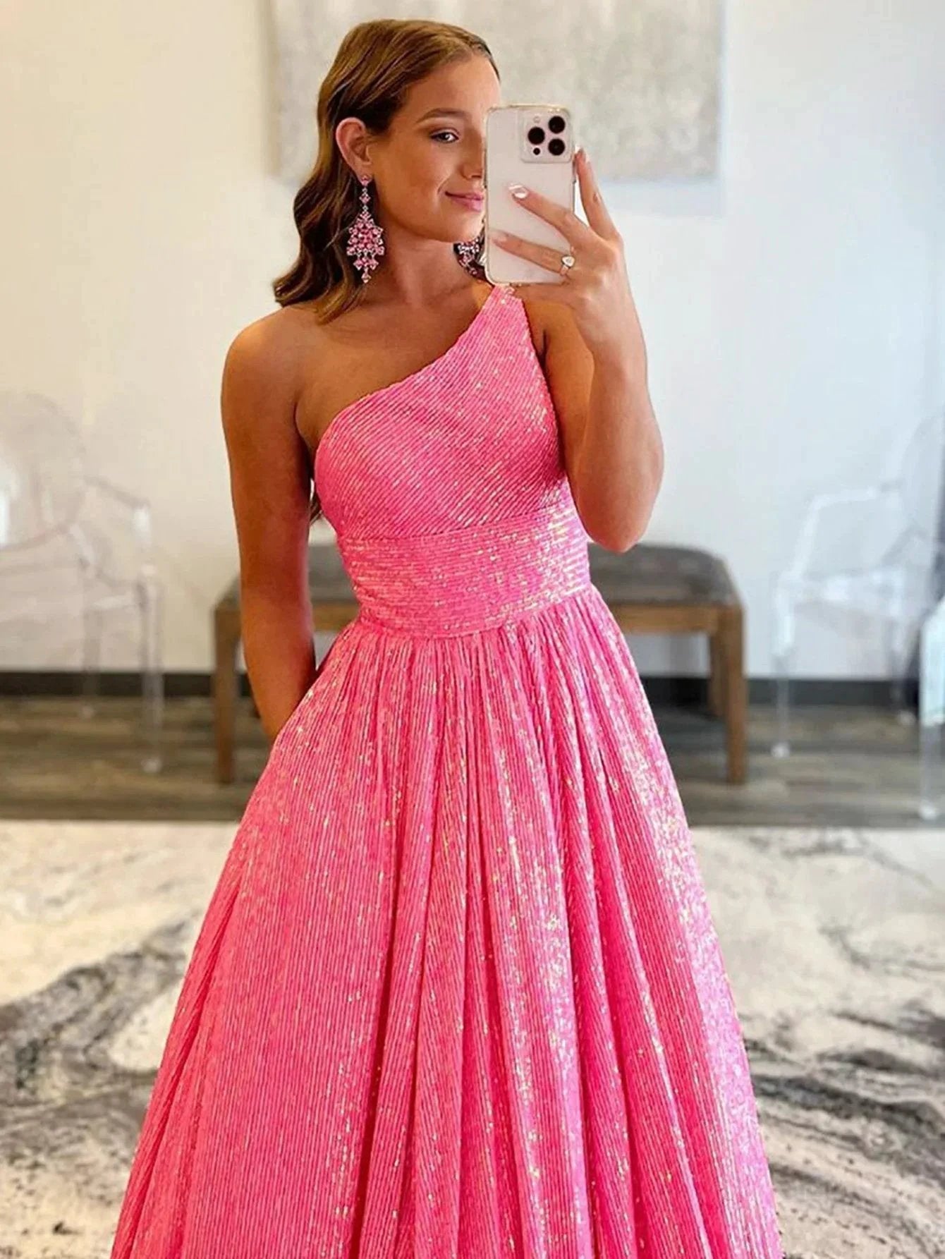 Charlee |A-Line One Shoulder Sequins Prom Dress with Pockets