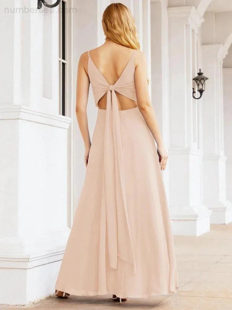 Numbersea Spaghetti Strap Bridesmaid Dresses V Neck Butterfly Back Fromal Evening Party Prom Gown 28036