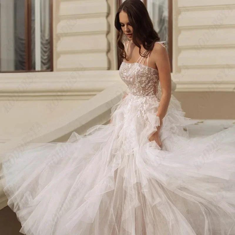 Elegant Spaghetti Straps Wedding Dress Sexy Lace Up Backless Robe Romantic Square Collar Tulle Bridal Gowns
