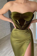 Elegant Olive Green Strapless Mermaid Velvet Bustier Prom Dresses Modest Evening Dress  Y377