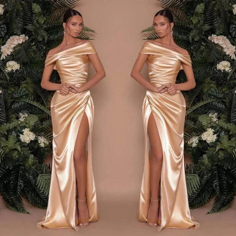 Off The Shoulder Charmeuse Prom Dress Split Ruffle Mermaid