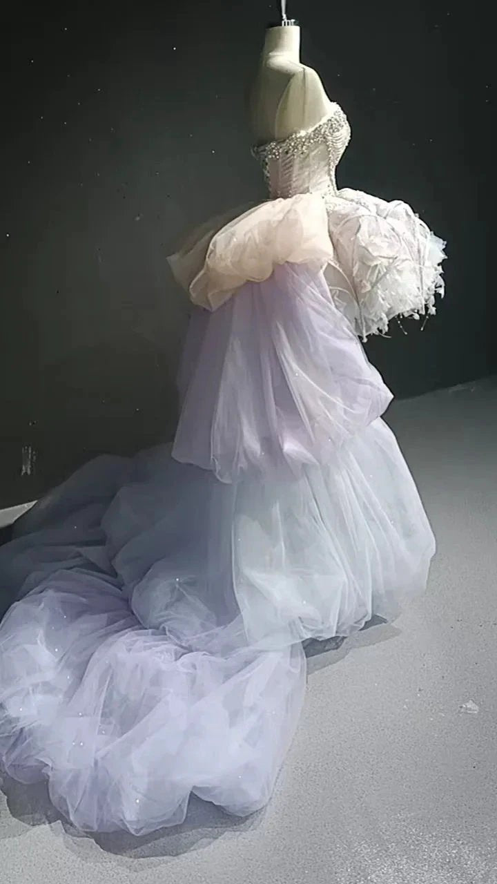 Starry veil feather crystal embellished flower bud dress