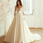 Elegant Wedding Dresses Long Sleeves For Women Princess A Line Bridal Gowns Custom Made Lace Appliques Satin Robe De Mariee