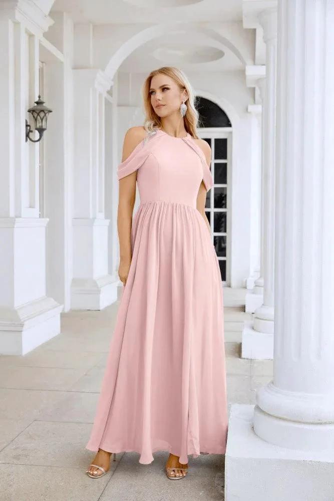 Ladies Chiffon Off Shoulder Swing Sleeve Front Slit Bridesmaid Evening Dress Wedding Party Evening Dress 28117