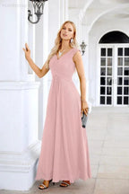 Ladies Chiffon V Neck Sleeveless Floor Length Bridesmaid Evening Dress Wedding Party Evening Dress 28126
