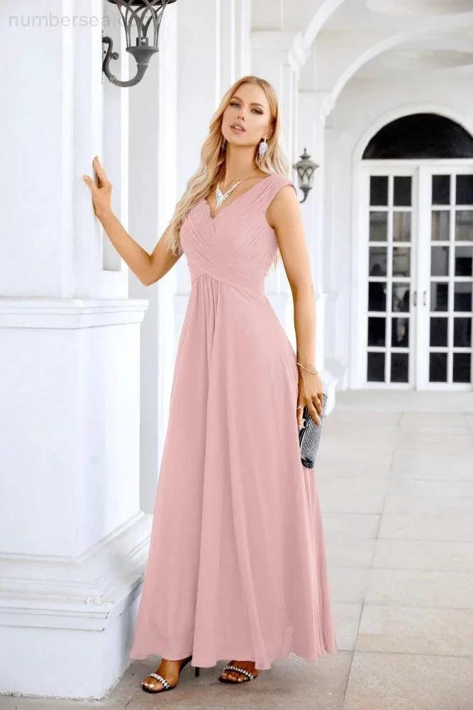Ladies Chiffon V Neck Sleeveless Floor Length Bridesmaid Evening Dress Wedding Party Evening Dress 28126