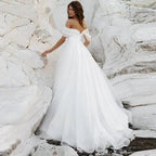Simple A-Line Bohemian Bridal Dresses Women's Sexy Off Shoulder White Pleated Tulle Beach Formal Prom Party Fashion 2023 Wedding