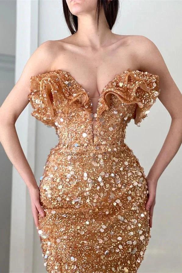 Long V Neck Pleated Sequins Mermaid Prom Dress With Slit
