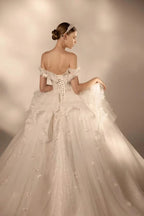 Gorgeous Long Ball Gown Off-the-Shoulder Tulle Wedding Dress with 3D Floral & Crystal Embroidery & Cathedral Train H009