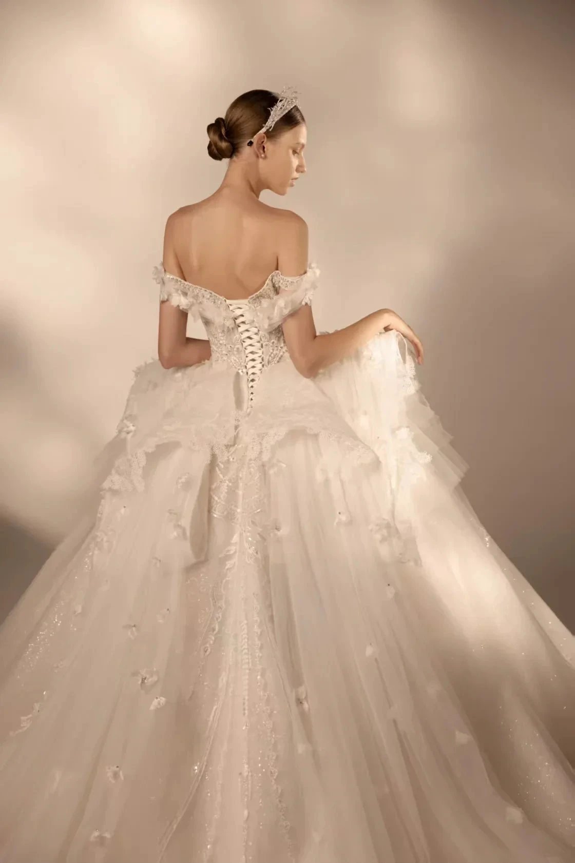 Gorgeous Long Ball Gown Off-the-Shoulder Tulle Wedding Dress with 3D Floral & Crystal Embroidery & Cathedral Train H009