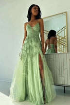 Sage Green V Neck Tulle A-Line Long Prom Dresses with Appliques