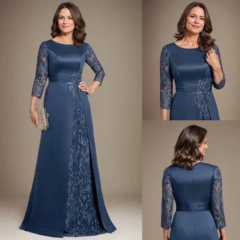 A-Line Scoop Floor-Length Lace Satin Mother Of the Bride Dress With Applique