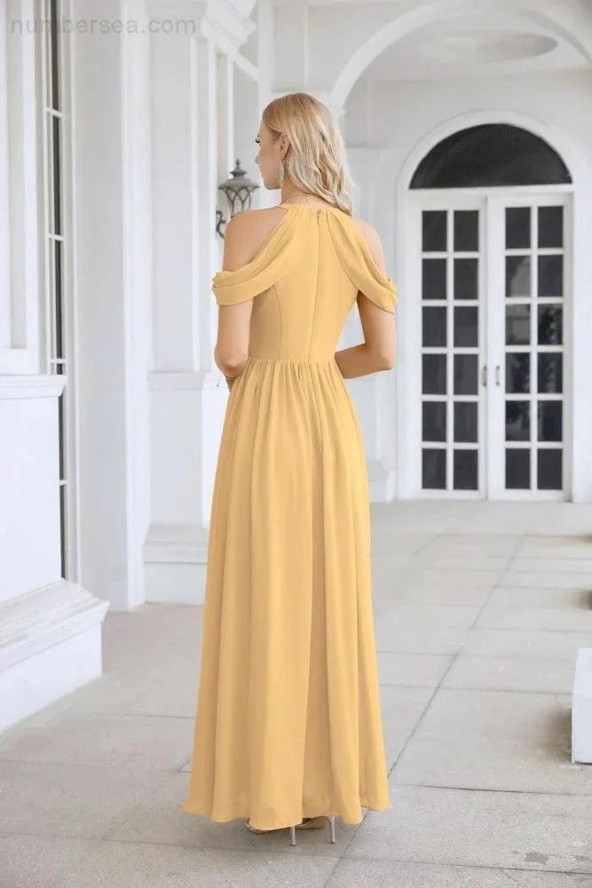 Ladies Chiffon Off Shoulder Swing Sleeve Front Slit Bridesmaid Evening Dress Wedding Party Evening Dress 28117