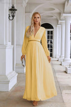 Ladies V Neck Chiffon Long Sleeve Front Slit Bridesmaid Evening Dress Wedding Party Shopping Evening Dress 28109