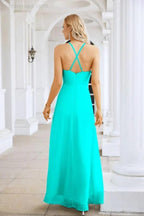 Ladies Chiffon Spaghetti Strap V Neck Front Slit Floor Length Bridesmaid Evening Dress Prom Party Wedding Evening Dress 28116