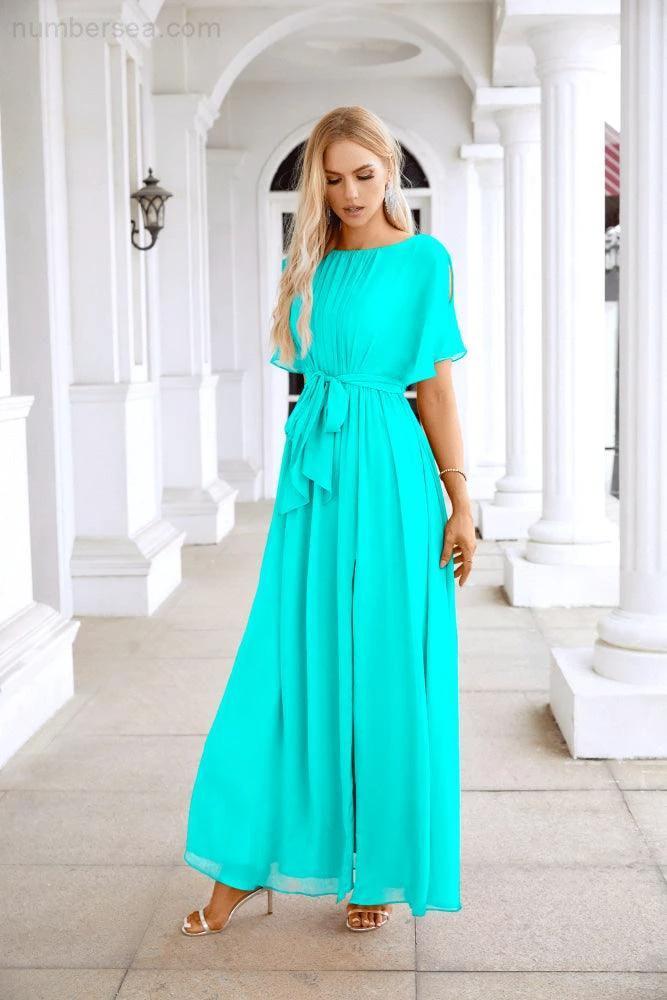 Ladies Chiffon Sleeve Crew Neck Front Slit Floor Length Bridesmaid Evening Dress Wedding Party Evening Dress 28124