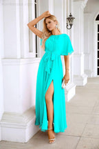 Ladies Chiffon Sleeve Crew Neck Front Slit Floor Length Bridesmaid Evening Dress Wedding Party Evening Dress 28124