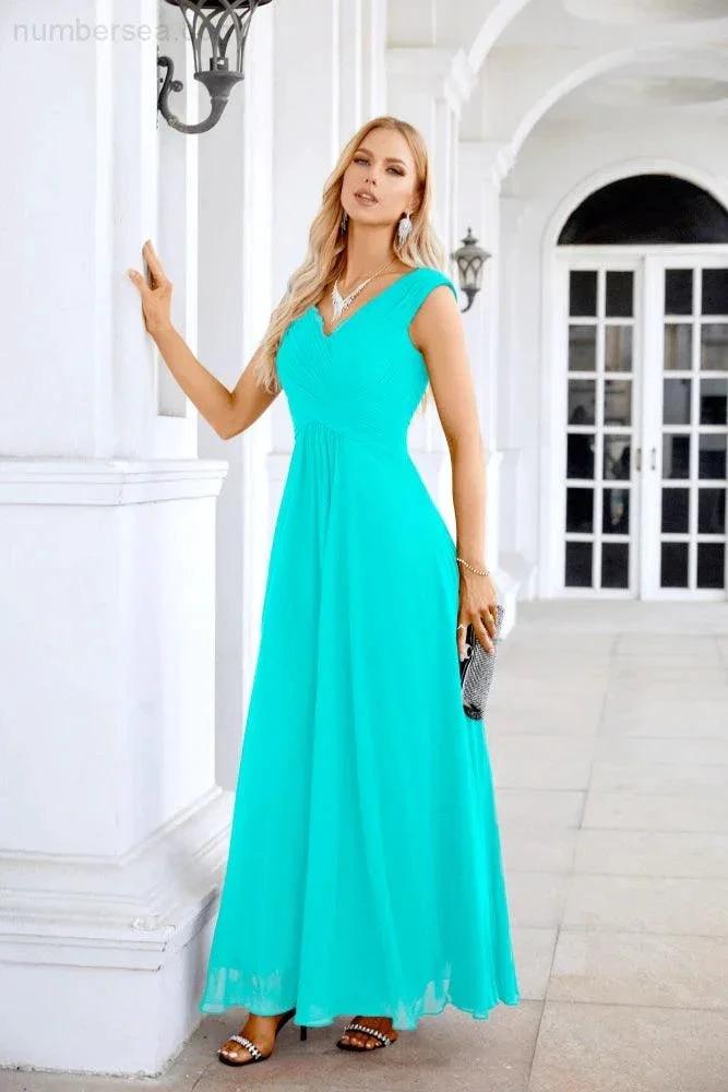 Ladies Chiffon V Neck Sleeveless Floor Length Bridesmaid Evening Dress Wedding Party Evening Dress 28126