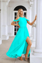 Ladies Chiffon Off Shoulder Swing Sleeve Front Slit Bridesmaid Evening Dress Wedding Party Evening Dress 28117