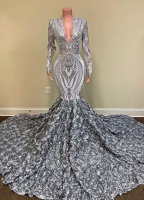 Long Sleeves V-Neck Sequins Lace Mermaid Prom Dress with Flowers Bottom
