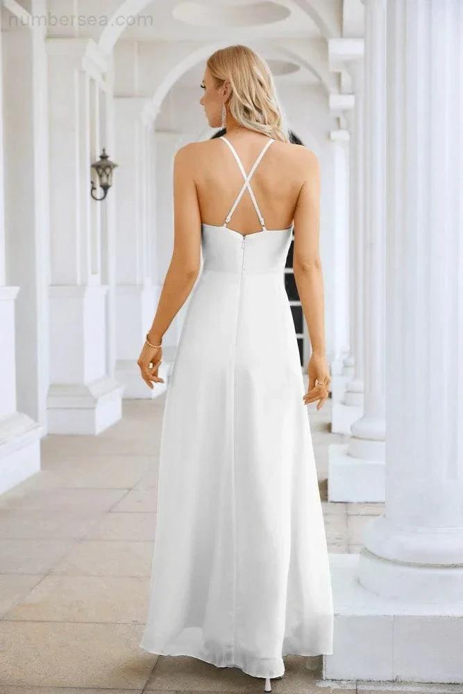 Ladies Chiffon Spaghetti Strap V Neck Front Slit Floor Length Bridesmaid Evening Dress Prom Party Wedding Evening Dress 28116