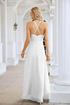 Ladies Chiffon Spaghetti Strap V Neck Front Slit Floor Length Bridesmaid Evening Dress Prom Party Wedding Evening Dress 28116
