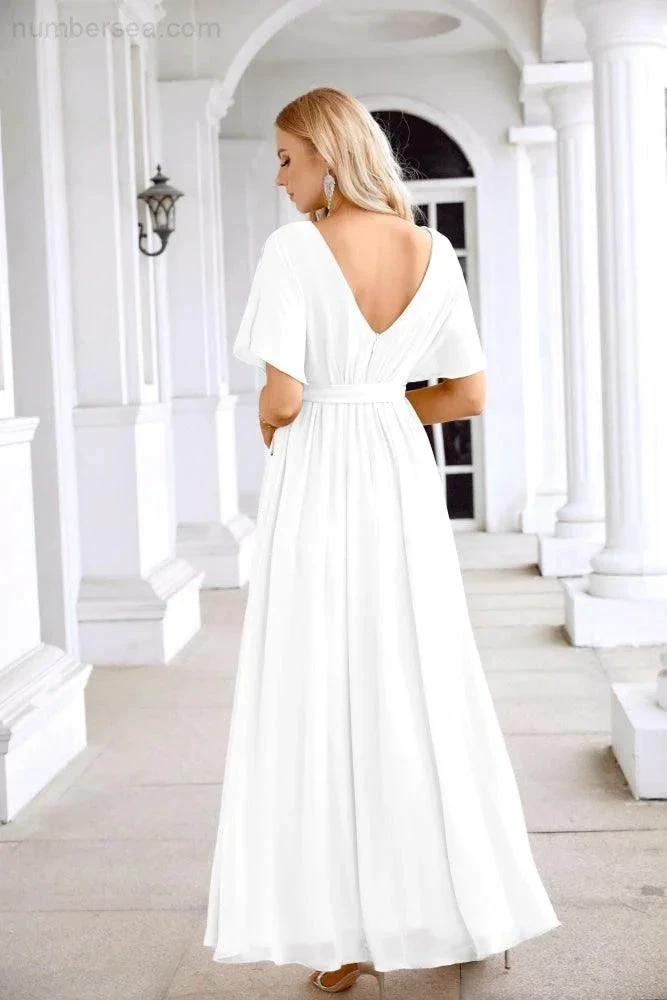 Ladies Chiffon Sleeve Crew Neck Front Slit Floor Length Bridesmaid Evening Dress Wedding Party Evening Dress 28124
