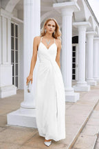 Ladies Chiffon Spaghetti Strap V Neck Front Slit Floor Length Bridesmaid Evening Dress Prom Party Wedding Evening Dress 28116