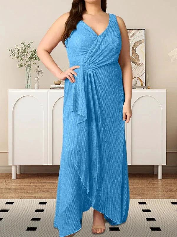 A-Line V-Neck Ruched Metallic Mesh Dress