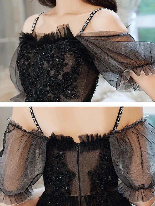 Black Sweetheart Tulle Lace High Low Prom Dress Black Homecoming Dress Y5689