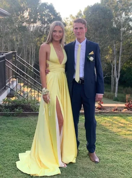 Modest Yellow Satin Long Evening Dresses with Side Slit Formal Party Dress Y5217