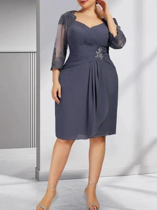 Sheath/Column Sweetheart Knee-Length Chiffon Mother of the Bride Dress With Beading Appliques Lace Sequins Pleated